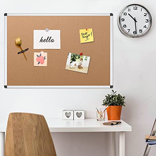 VIZ-PRO Cork Notice Board 36 x 24 Inches Silver Aluminum Frame Self-Healing Surface