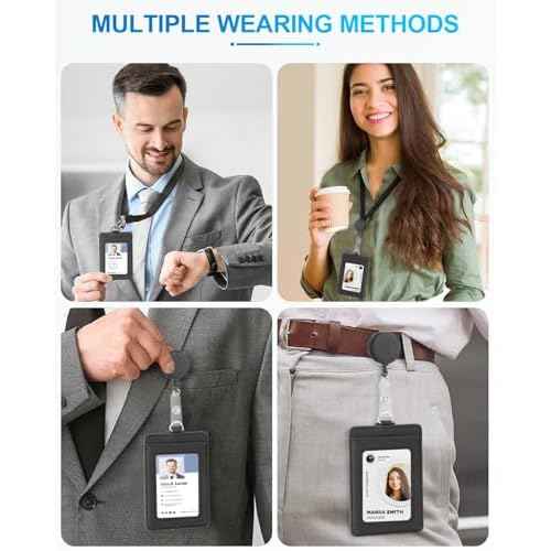 PU Leather Badge Holder with Lanyard, Black Lanyard with Retractable Reel Clips, Multiple Card Slots with Leather Snap, ID Badge Holder for Office Staff Doctor Teacher