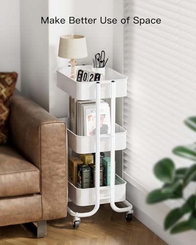 Pipishell White 3-Tier Rolling Utility Cart with Lockable Wheels, 3-Stage