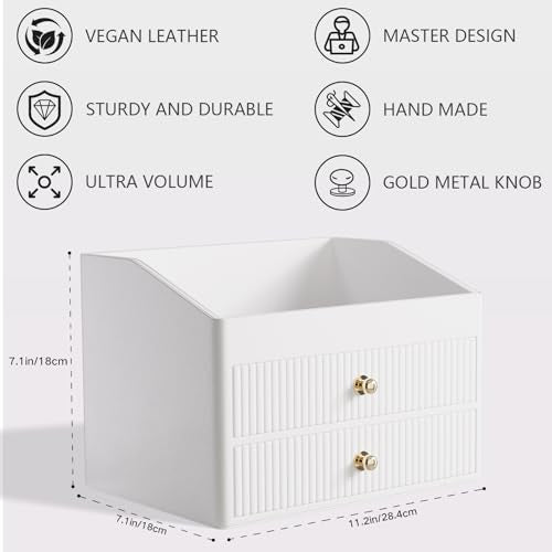 Desk Organizer,Beige White Vegan Leather Desk Accessories & Workspace Organizers with 2 Drawers & Tray,Key Holder with Gold-Tone Metal Accents knob£¬Jewelry Box,Nightstand