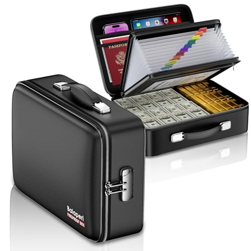 BALAPERI Fireproof File Organizer with Fireproof Zipper,Fireproof Document Box Hard Case with Lock,Portable Document Safe for Important Document Laptop Valuables(Black,15.8"x4.8"x12.6")