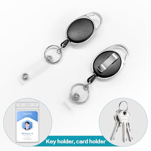 Vetoo 100 Pack Retractable Black Badge Reel with Clip, Carabiner, and Key Ring ? Coil Nylon Rope Badge Reel Keychain for School, Nurses, and Office Use