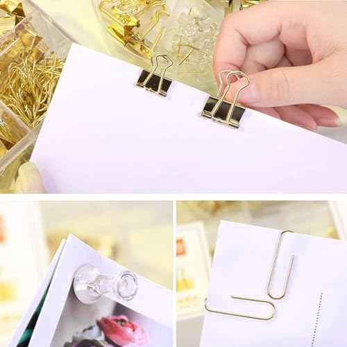 10 Pack, Gold Paper Clips and Binder Clips Set, Metal Assorted Sized Binders with Push Pins, Cute Gold Office Supplies for Desk, Desk Accessories