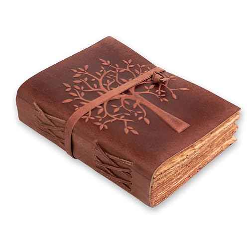 LEATHER VILLAGE Tree of Life Journal - 10 X 7 inches - Red Brown - 200 Antique Deckle Edge Handmade Paper ? Book of Shadows - Vintage Leather Bound Journal for Women & Men