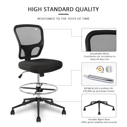 HYLONE Black Adjustable Drafting Chair Tall Office Stool with Footrest & Wheels