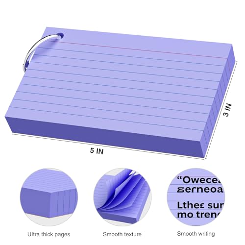 AILZFEI 250 Count Multicolor 3x5 Inch Index Cards with Key Ring, 180gsm Heavy Weight Flash Cards for Study & Office - 5 Colors