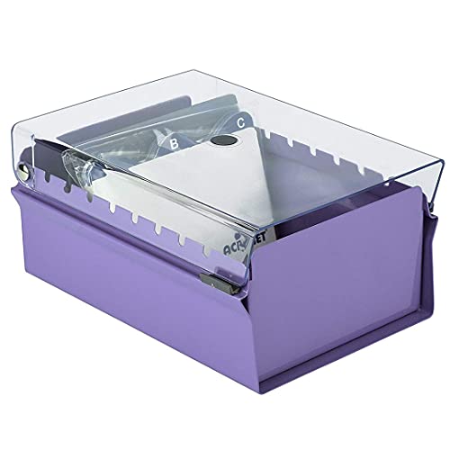 Acrimet 3 x 5 Card File Holder Organizer Box Metal Base Heavy Duty (AZ Index Cards and Divider Included) (Purple Color with Clear Crystal Plastic Lid Cover)