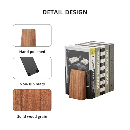 Muso Wood Brown Book Ends - Thickened Wooden Bookends for Heavy Books, Handmade Acacia Decorative Shelving Support