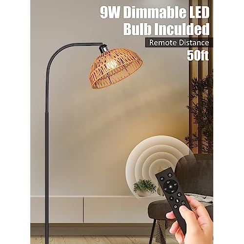Rattan Floor Lamp- Boho Standing Lamp with Remote Control and Dimmable Bulb, Hand-Worked Adjustable Rattan Shades, Black Farmhouse Tall Lamp, Boho Arc Floor Lamps for Living Room, Bedroom, Office