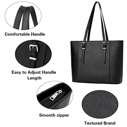 Telena 15.6 Inch Laptop Tote Bag for Women, Black Leather Briefcase, Large Capacity