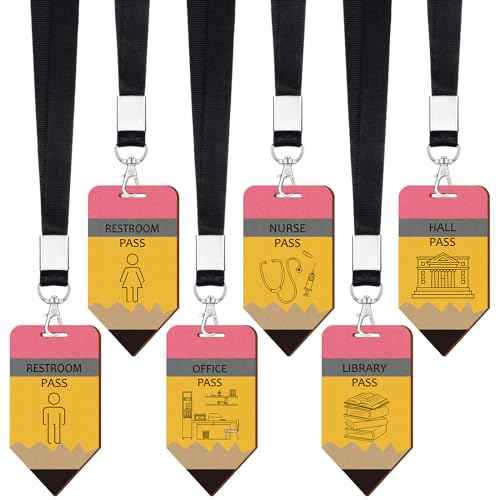 Sabary 6 Sets Hall Pass Lanyards and School Passes Set for Classrooms Wooden Bathroom Classroom Must Haves for Restroom, Library, Office and Nurse School Teacher Supplies Gift(Classic,Pencil)