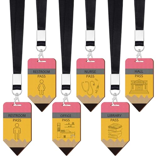 Sabary Classic Pencil Classroom Passes Set of 6 with Lanyards for School, Bathroom & Hall