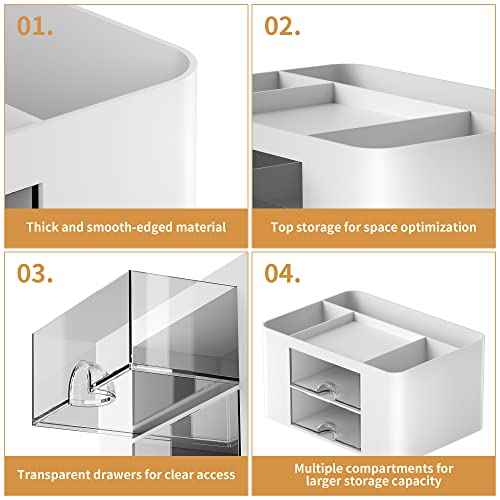 Marbrasse Pen Organizer with 2 Drawer, Multi-Functional Pencil Holder for Desk, Desk Organizers and Accessories with 5 Compartments + Drawer for Office Art Supplies (White)