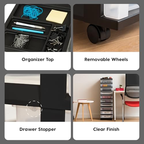 IRIS USA Plastic Drawer Storage Organizer Rolling Cart with Wheels Casters 10-Drawers for Classroom Art Craft Supplies Dresser Closet Bathroom Laundry Room Black/Clear