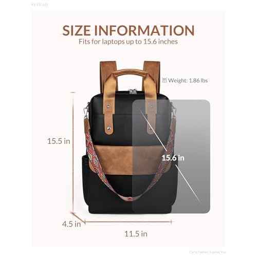 Leather Laptop Backpack 15.6 Inch Womens Laptop Bag, 3 IN 1 Computer Bag Handbag with Colorful Shoulder Bag Strap for Work Travel College Black Brown