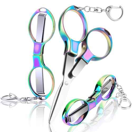 3 Pcs Folding Stainless Steel Portable Mini Badge Scissors with 3 Keychains, Safety Foldable Pocket Travel Small Scissors All Purpose for Nurse Accessories, Travel, Office, Craft, Sewing, Home (Color)