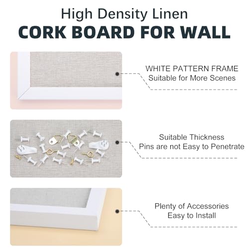 OWLKELA Linen Cork Bulletin Board 36x24 White Frame - Wall Organizer
