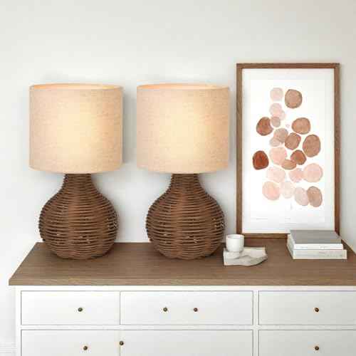 Rattan Table Lamp, Decorative Nature Table Lamp with E12 Socket, Beige Linen Lampshade, Retro Lamp for Living Room, Children's Room, Bedroom Decoration