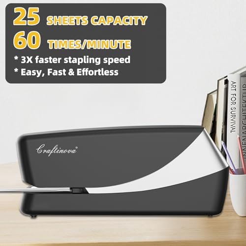 Craftinova Electric Stapler, Automatic, Silver – 210 Staples, 25-Sheet Capacity, AC or Battery Powered