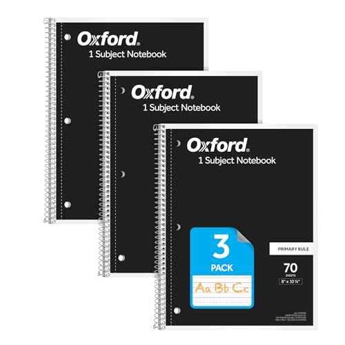 Oxford Primary Ruled Spiral Notebooks, Writing/Drawing Practice for Kids, Grades Pre-K, K-2, 70 Sheets, 8 x 10.5 Inches, Black, 3 Pack (1002542)