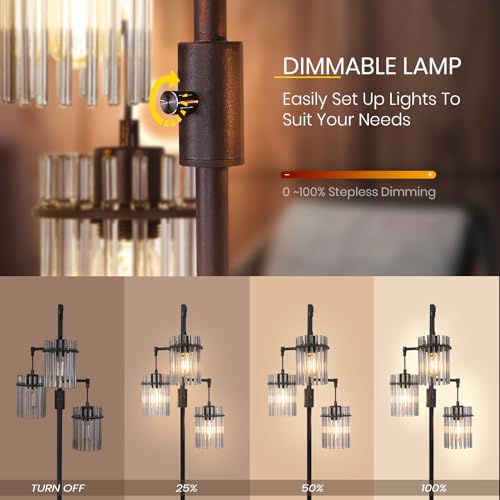 Industrial Floor Lamps for Living Room, Dimmable Floor Lamp Modern Standing Lamps with Glass Lampshade, Rotary Switch, LED Bulbs, Tall Lamps for Bedroom, Office (3 Lampshades(66inch))