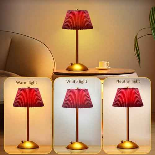 Cordless Metal Desk Lamp,Touch Sensor Control LED Table Lamp,3 Way Dimmable Nightstand Lamp with Fabric Shade Desk Lamp for Living Room (Red)