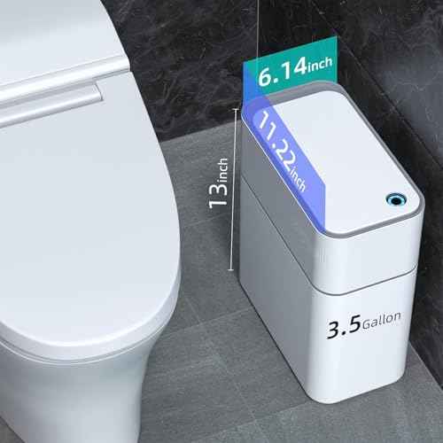 MOPALL Small Bathroom Trash Cans with Lids,Motion Sensor Bathroom Trash Can,Narrow Waterproof Plastic 3.5 Gallon Automatic Adsorption Touchless Garbage Can,White