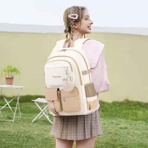 3PCS School Backpack For Student Women College Middle High Teen Girls Bookbag Waterproof Laptop Bag Beige Khaki