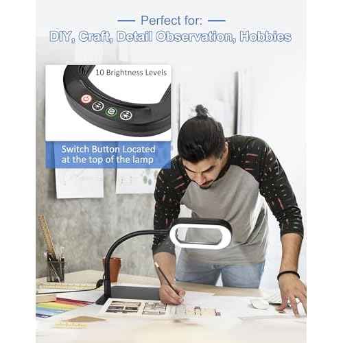 10X Magnifying Glass with Light and Stand LED Magnifier with Light Hands Free Lighted Magnifying Desk Lamp Dimmable for Close Work Craft Read Cross Stitch Sewing Repair Hobby Rectangular