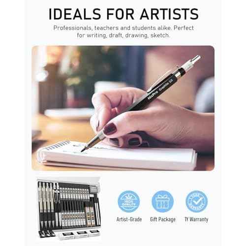 Nicpro 37PCS Art Mechanical Pencil Set, 4PCS Metal Drafting Pencil 0.3mm, 0.5 mm, 0.7 mm, 0.9 mm & 2PCS 2mm Lead Holder (6B 4B 2B HB 2H 4H Colors) For Sketching Drawing With 23 Tube Lead Refills Case