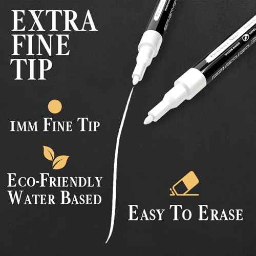 2 Extra Fine Tip White Chalk Markers | 1mm Tip | For Windows, Blackboard, Dry Erase Board, Chalkboards, Glass, Easy Erase | White Chalk Pens Fine Tip
