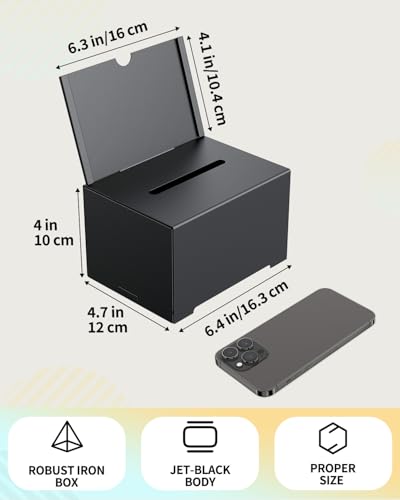 Uniclife 6.4x4.7x4 Black Metal Donation Box with Lock & Removable Sign - 1 Pack