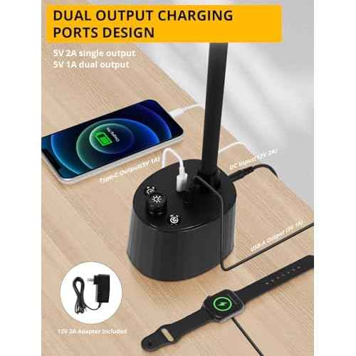 Desk Lamp with Dual Head & 10W Smart Dual USB Charging Port 5 Color Modes Dimmable Reading Light 2600 Lumens 12W Table Lamp for Bedside Office, Adapter Include