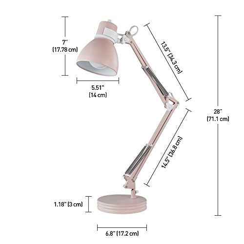 GLOBE Electric 52028 28" Swing Arm Architect Desk Lamp, Matte Rose Finish, White Accents, Rotary Switch on Shade, Partially Adjustable Arm, Modern Lighting for Bedroom or Office, E26 Base