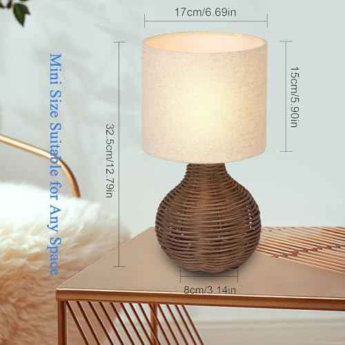 Rattan Table Lamp, Decorative Nature Table Lamp with E12 Socket, Beige Linen Lampshade, Retro Lamp for Living Room, Children's Room, Bedroom Decoration