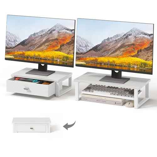 WOHOMO Dual Monitor Stand Riser with Drawers, Desk Organizers for 2 Monitors, Desktop Storage Stand for Computer,Laptop,White