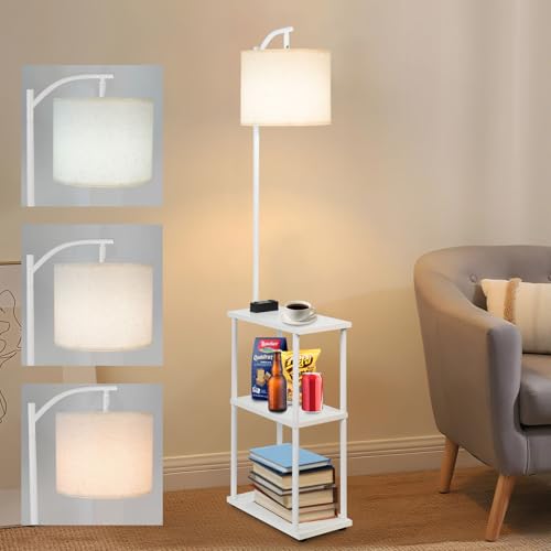 Floor Lamp with Table, Narrow Side Table with USB-A/USB-C Charging Station and AC Port, 3 Color Temperatures 12W LED Bulb, End Table for Bedroom, Living Room and Home Office, White