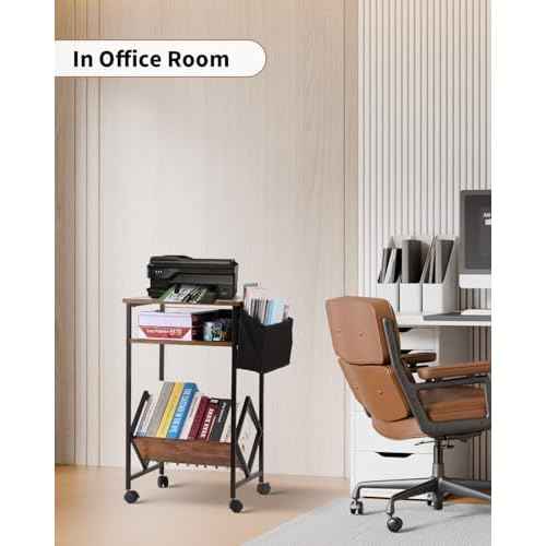 KATHY&BOB 3-Tier Printer Stand Mobile File Cabinet for Home Office with Side Storage Bag, Rolling Filing Cabinet with Open Storage Shelf, Fits A4 or Letter Size, Brown Under Desk Organizer