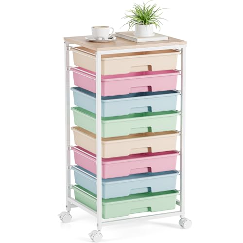 TOOLF Rainbow 8-Drawer Rolling Storage Cart with wooden top — classroom, office & home organization