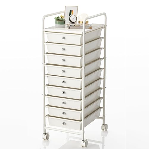 9-Tier Utility Cart with 9 Drawers, Rolling Utility Cart with 2 Lockable Caster Wheels, Multipurpose Mobile Rolling Storage Drawer Cart for Office Bathroom Kitchen, Ivory White