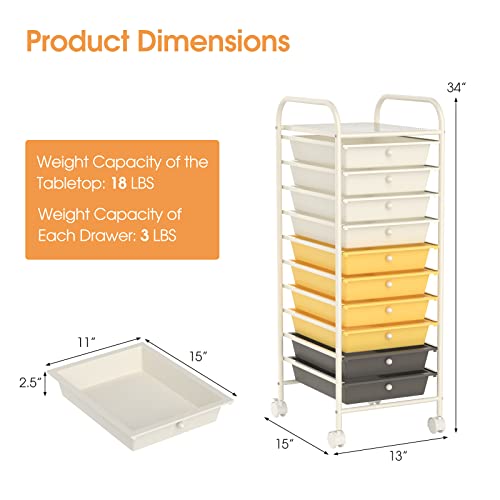 MEDIMALL 10 Drawers Rolling Storage Cart, Multipurpose Craft Storage Cart with Wheels, Mobile Tools Scrapbook Paper Organizer Cart for Office School Home Use (Yellow)