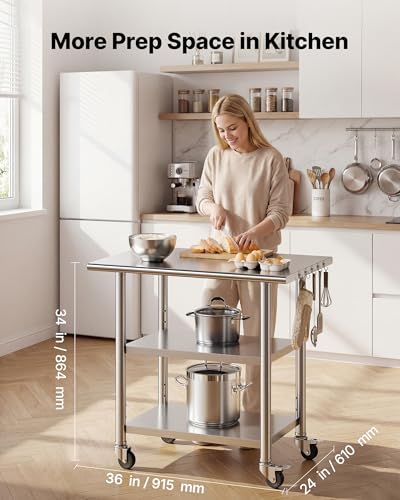 VEVOR 24x36 Stainless Steel Work Table with 2 Shelves & Wheels – Heavy Duty Kitchen Prep Station