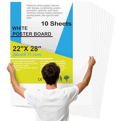 10 Pcs 22" x 28" Poster Board White Poster Paper Bulk, ROOKEA 250 GSM Thickness Vision Boards Smart Poster Board for School Arts Craft Projects Presentations Drawing Scrapbooking Blank Graphic Display