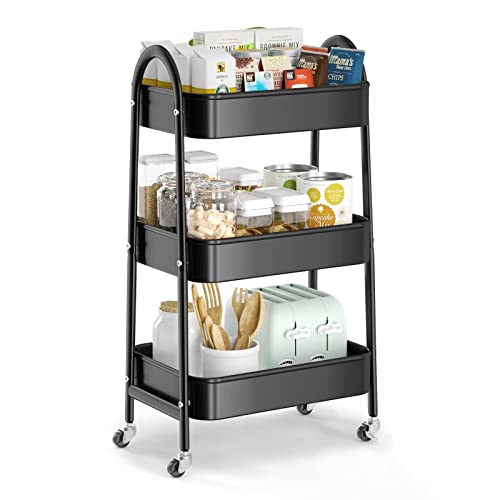 EAGMAK Black 3-Tier Utility Rolling Cart with Lockable Wheels & Mesh Baskets