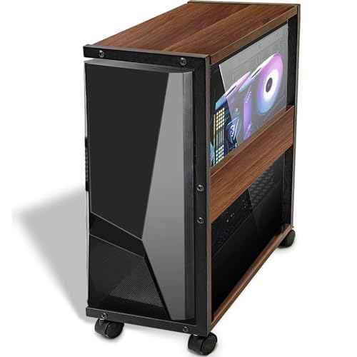 PC Stand Computer Tower Stand, 2-Tier CPU Holder with Locking Caster Wheels Suitable for Most PC, Vintage Wood Rolling Computer Cart for Under Desk