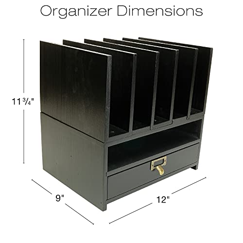 Excello Global Products Wooden Vertical Letter Tray with Drawer: Desktop Organizer for Files, Folders, Binders, Notebooks, Pens, Pencils & Office Supplies (Black)