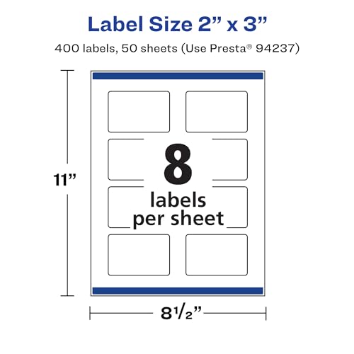 Avery Durable Waterproof Rectangle Labels, Sure Feed Technology, Print-to-The-Edge, 2" x 3", 400 Total, Oil and Tear-Resistant, Waterproof, Laser/Pigment-Based Inkjet Printable