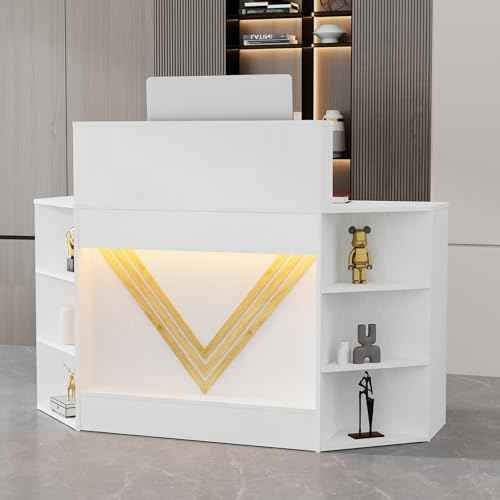 VOWNER 39.3" H Modern Reception Desk with LED Lighting, Office Counter with Display Cabinet, Secretary Desk with Power Outlets ? Front Desk for Salon, Lobby (55.1" W x 21.2" D x 39.3" H) (White)