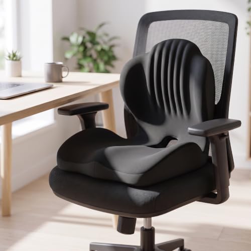 LuminaSleep Memory Foam Seat Cushion with Lumbar Support, L-Shaped, Black, Large