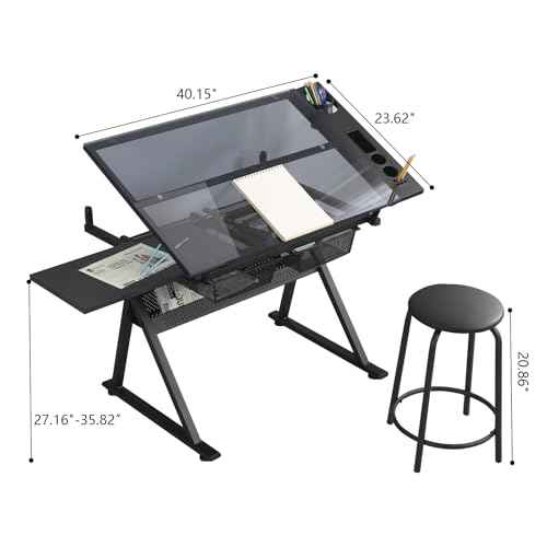 Black Drafting Table w/Stool, Painting Table Art Craft Desk Crafting Table with Tilting Tempered Glass Top, 2 Storage Drawers, Height Adjustable
